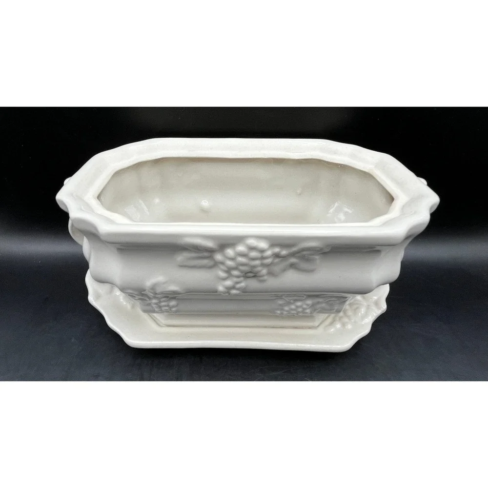 Vtg Cream Ceramic Kitchen King Gravy‎ Boat Tureen Lid Ladle Underplate Grapevine